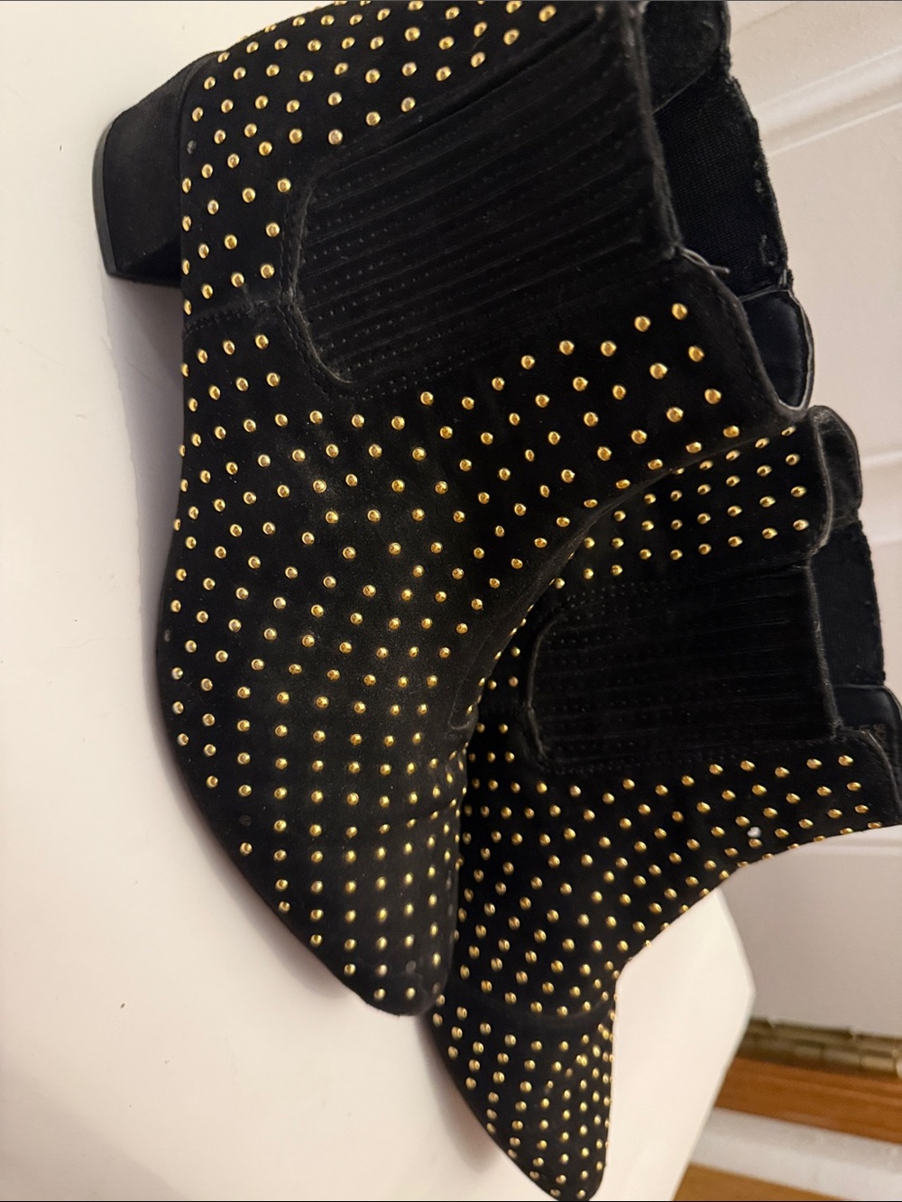 Shoe Dazzle Black Suede Ankle Boots with Gold Studs - Picture 4 of 5